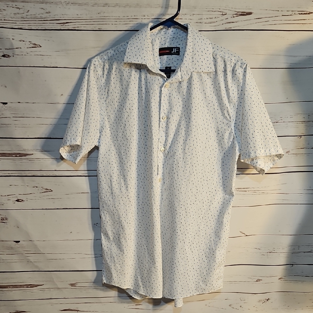 J Ferrar Mens Slim Fit Short Sleeve Button Down Shirt White Blue Dash Medium